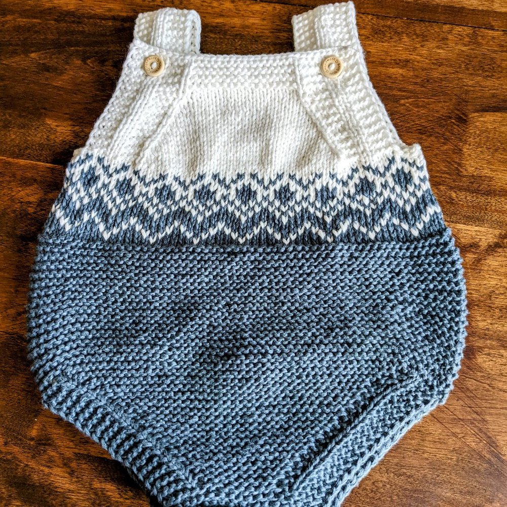 Teal Blue Jacquard pattern Nordic jersey Fair Isle Baby romper in cotton yarn